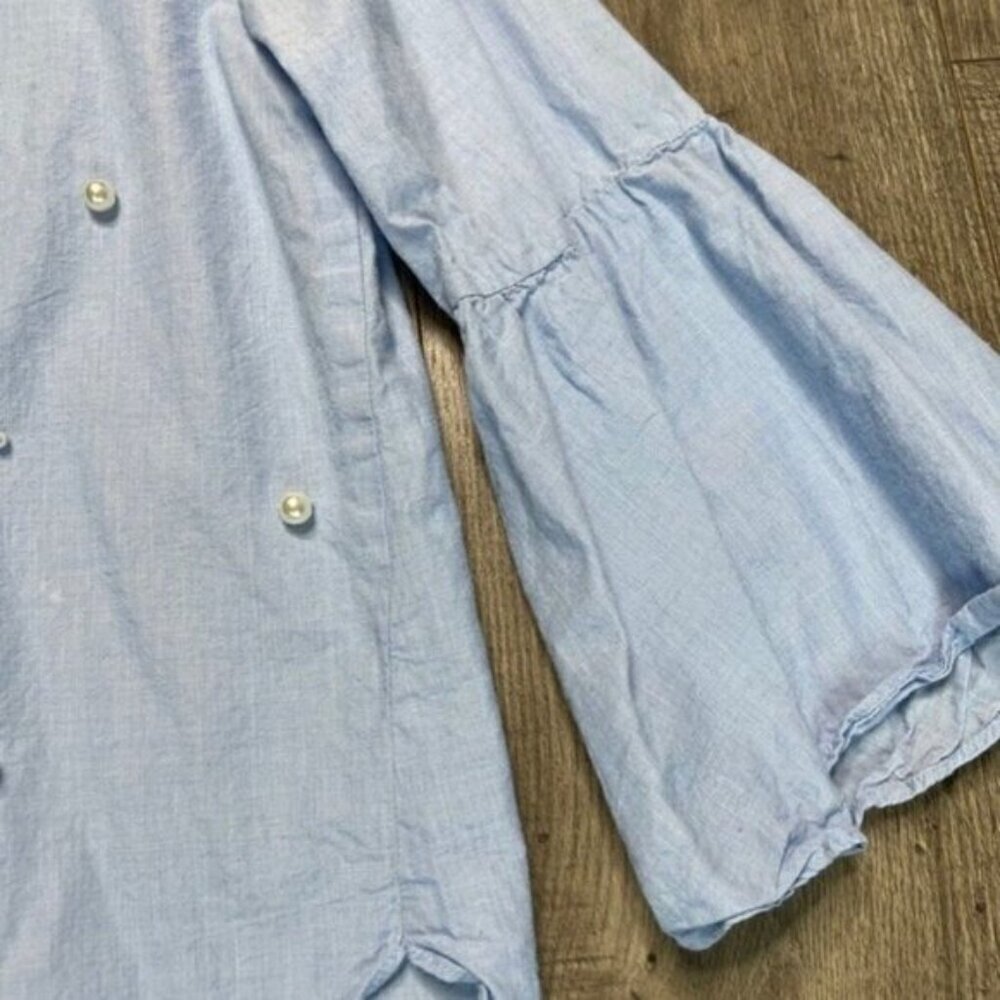 LOFT Heather Blue Cotton Pearl Embellished Blouse Size XS - Picture 6 of 14